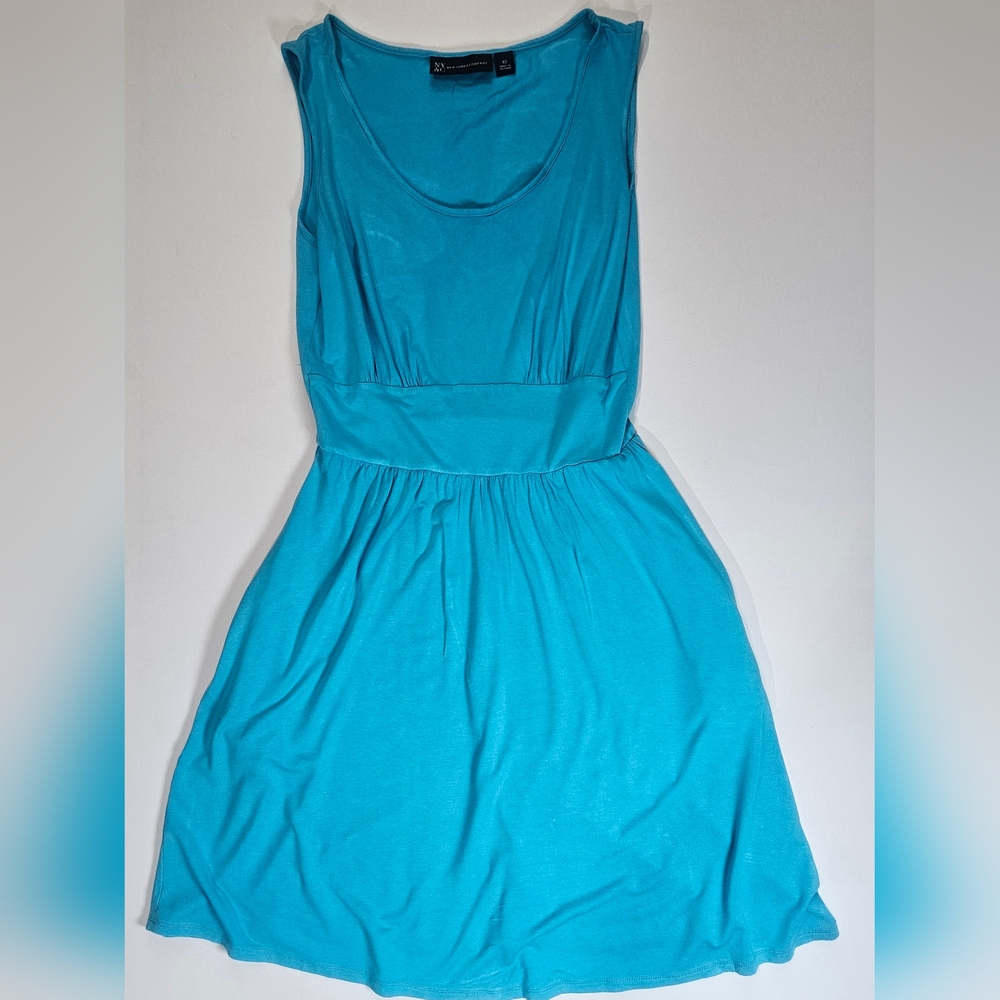 New York & Company Dress Womens XS Teal‎ Fit Flare Cinch Waist Relaxed Drapey